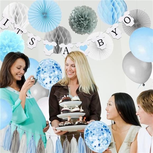 Baby Shower Decorations for Boy, It’s A Boy Banner with Paper Fan Tissue Pompoms - Picture 3 of 4
